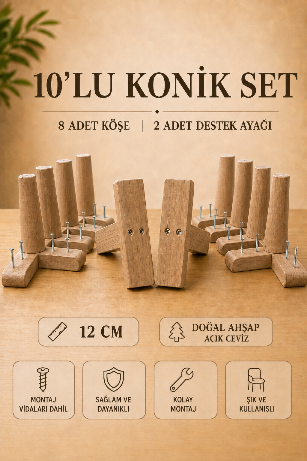 12 Cm Açık Ceviz Konik Ahşap Mobilya Ayakları 10'lu Set Köşe ve Destek Ayağı Robot Süpürge Uyumlu