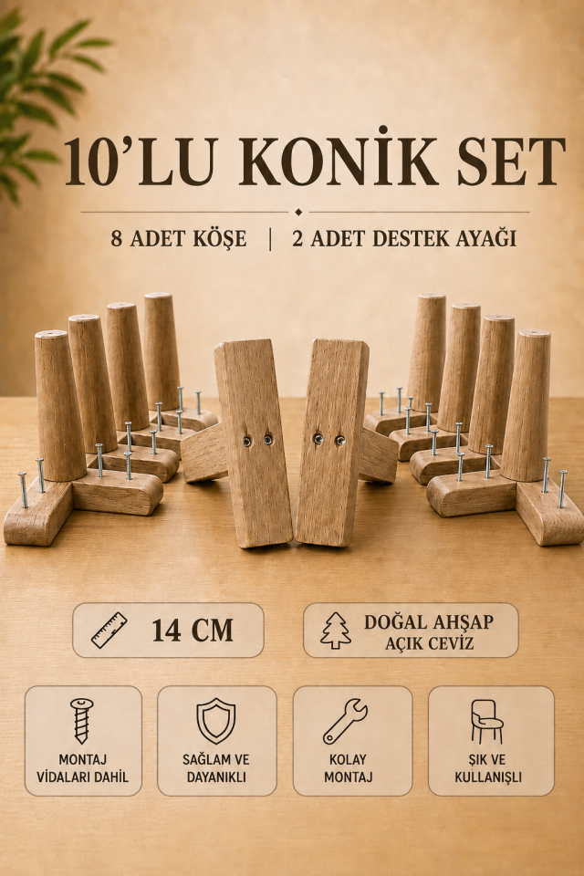 14 Cm Açık Ceviz Konik Ahşap Mobilya Ayakları 10'lu Set Köşe ve Destek Ayağı Robot Süpürge Uyumlu