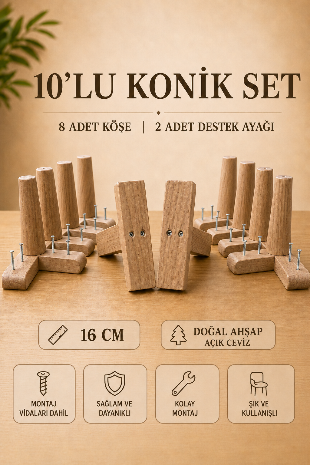 16 Cm Açık Ceviz Konik Ahşap Mobilya Ayakları 10'lu Set Köşe ve Destek Ayağı Robot Süpürge Uyumlu