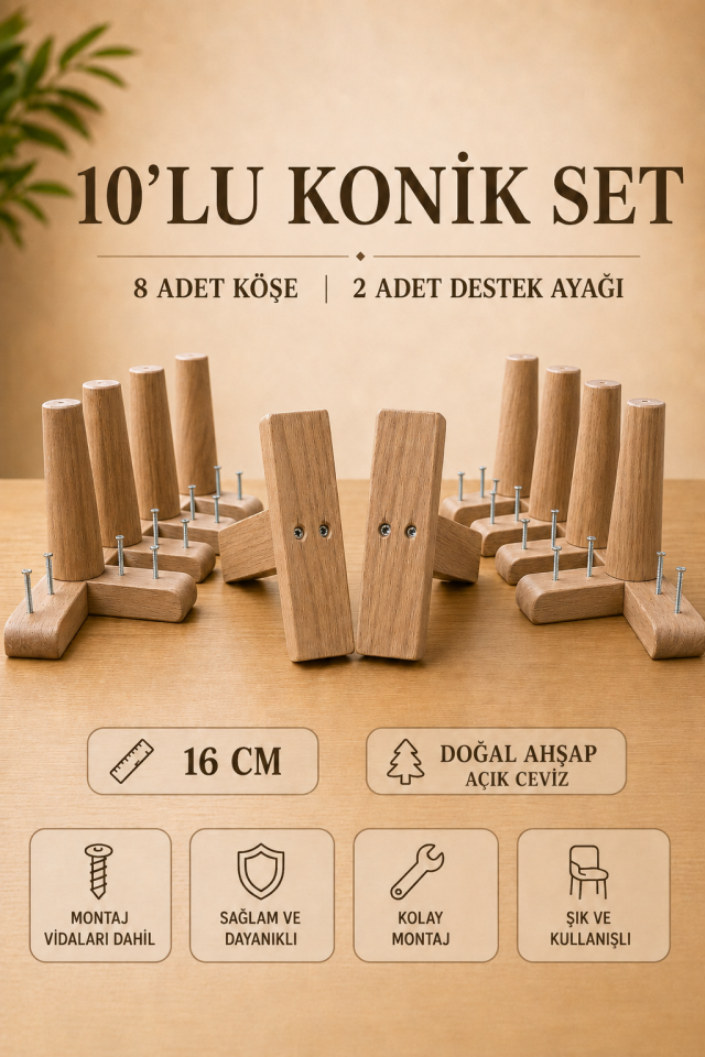 16 Cm Açık Ceviz Konik Ahşap Mobilya Ayakları 10'lu Set Köşe ve Destek Ayağı Robot Süpürge Uyumlu