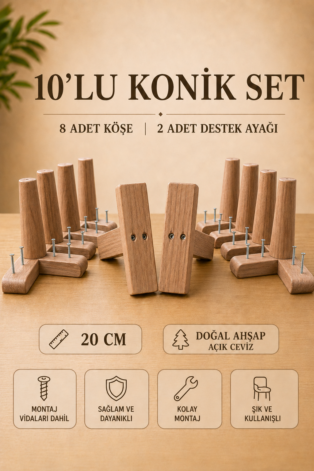 20 Cm Açık Ceviz Konik Ahşap Mobilya Ayakları 10'lu Set Köşe ve Destek Ayağı Robot Süpürge Uyumlu