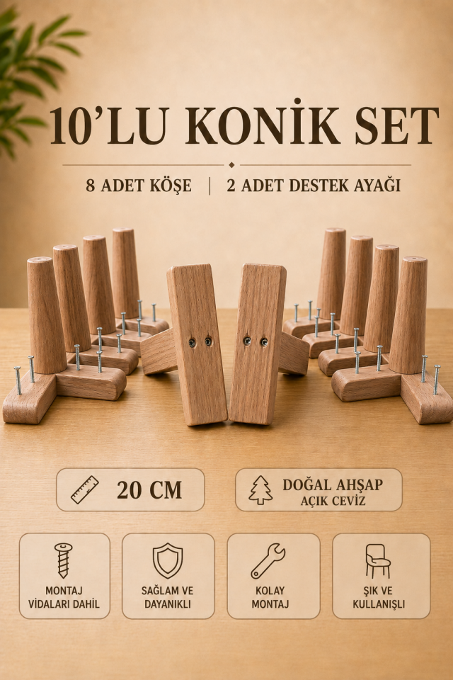 20 Cm Açık Ceviz Konik Ahşap Mobilya Ayakları 10'lu Set Köşe ve Destek Ayağı Robot Süpürge Uyumlu
