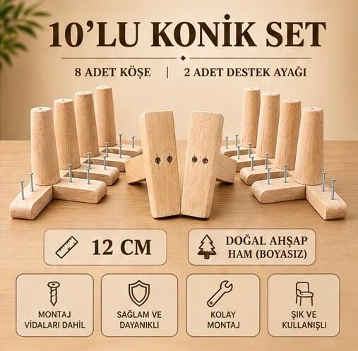 12 Cm Ham Konik Ahşap Mobilya Ayakları 10'lu Set Köşe ve Destek Ayağı Robot Süpürge Uyumlu