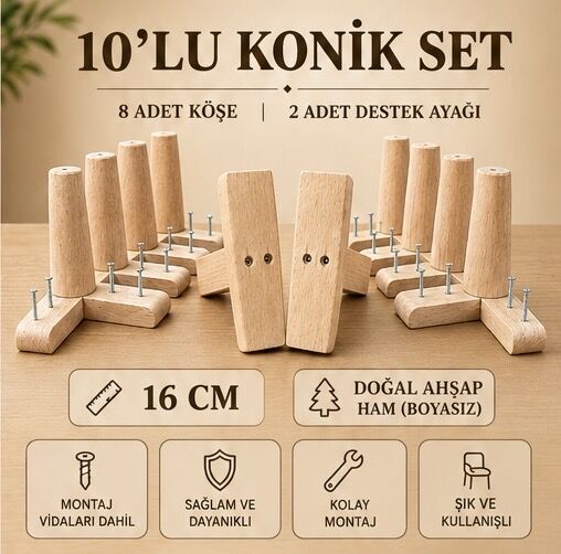 16 Cm Ham Konik Ahşap Mobilya Ayakları 10'lu Set Köşe ve Destek Ayağı Robot Süpürge Uyumlu