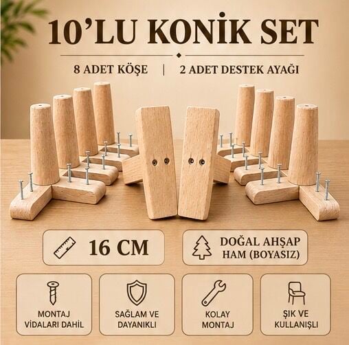 16 Cm Ham Konik Ahşap Mobilya Ayakları 10'lu Set Köşe ve Destek Ayağı Robot Süpürge Uyumlu