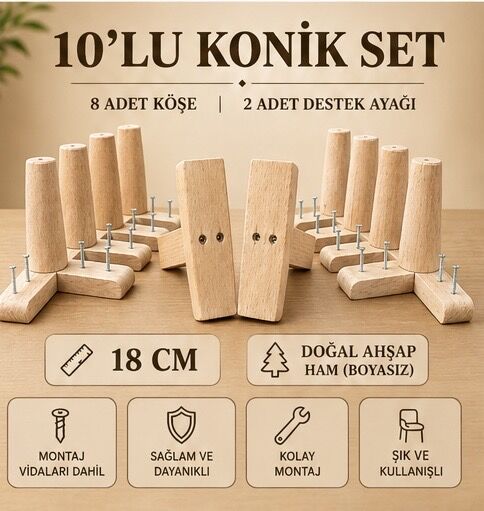 18 Cm Ham Konik Ahşap Mobilya Ayakları 10'lu Set Köşe ve Destek Ayağı Robot Süpürge Uyumlu