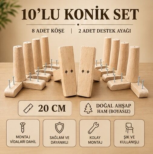 20 Cm Ham Konik Ahşap Mobilya Ayakları 10'lu Set Köşe ve Destek Ayağı Robot Süpürge Uyumlu